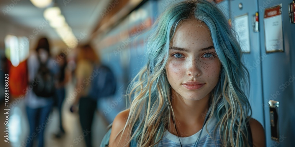 Teenage girl with colored hair in a school corridor with copyspace Teenage girl with colored hair in a school corridor with copyspace