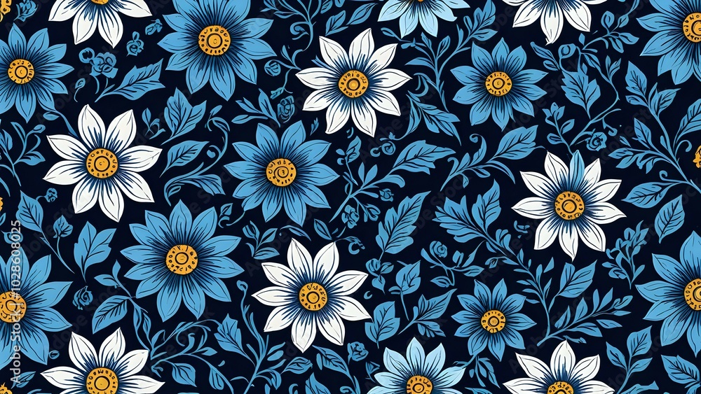 Seamless floral pattern with blue and white flowers on a dark background. Seamless floral pattern with blue and white flowers on a dark background.