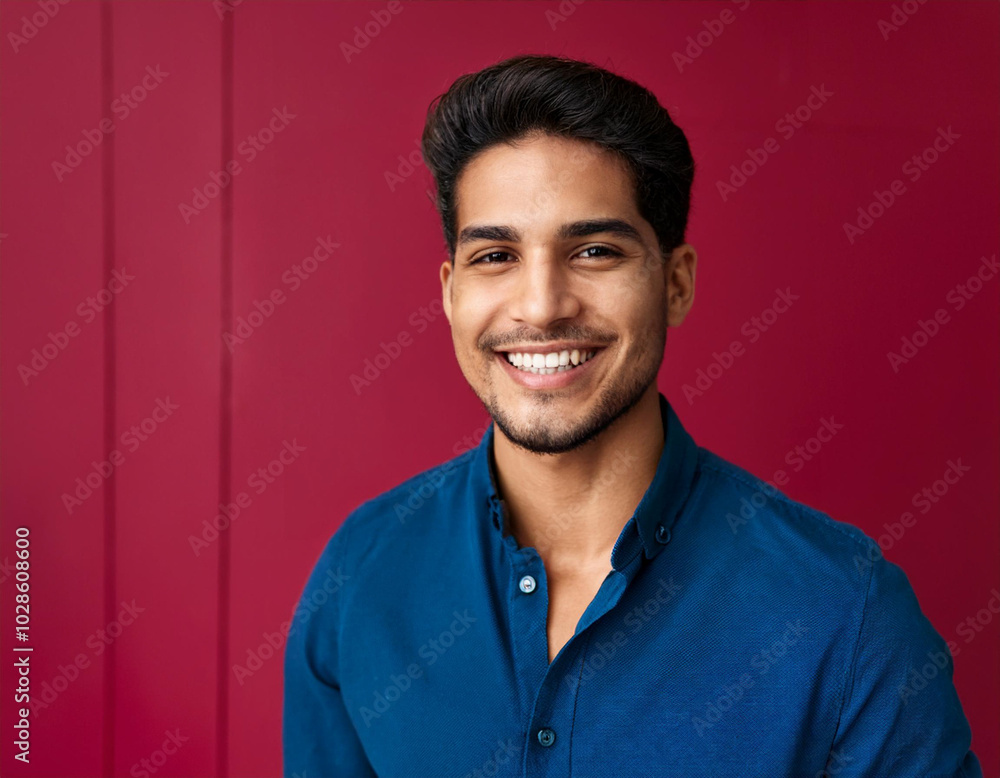 Headshot Portrait of a Smiling Man with Contemporary Style, Isolated on Color Background with Ample Copy Space Headshot Portrait of a Smiling Man with Contemporary Style, Isolated on Color Background with Ample Copy Space