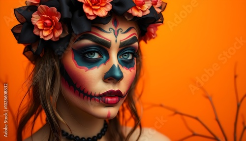 Putting on holiday helloween makeup on a creepy orange background