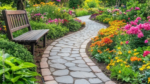 A newly paved garden path with clinker stones, bordered by flower beds and lush green foliage, leading to a wooden bench.