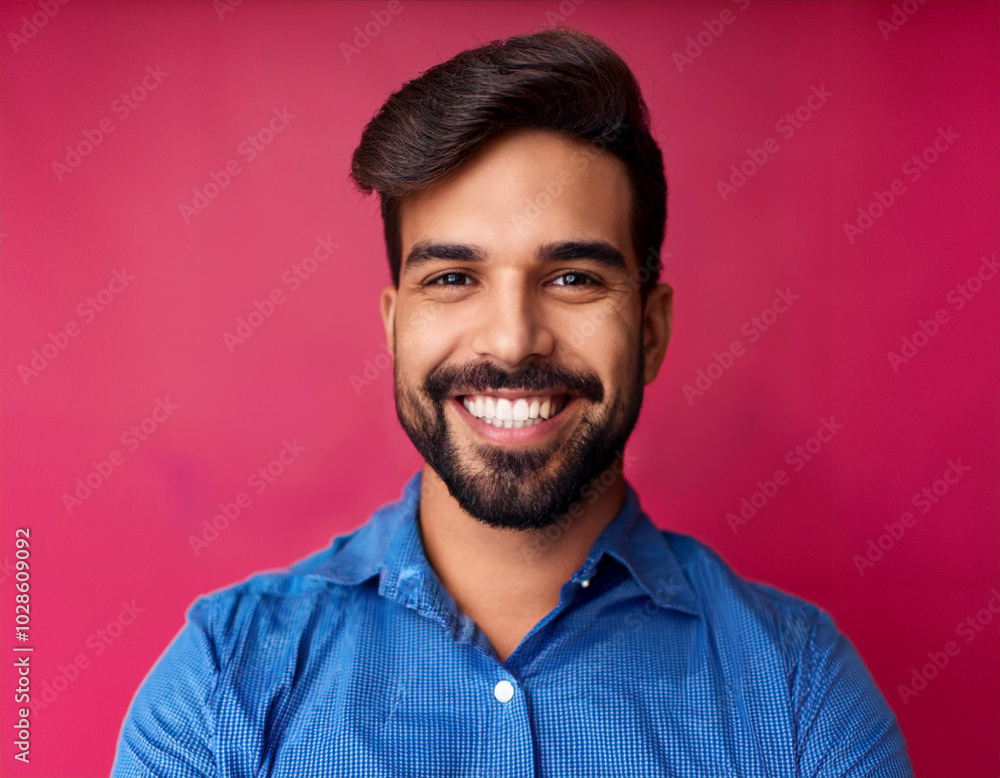 Headshot Portrait of a Smiling Man with Contemporary Style, Isolated on Color Background with Ample Copy Space Headshot Portrait of a Smiling Man with Contemporary Style, Isolated on Color Background with Ample Copy Space