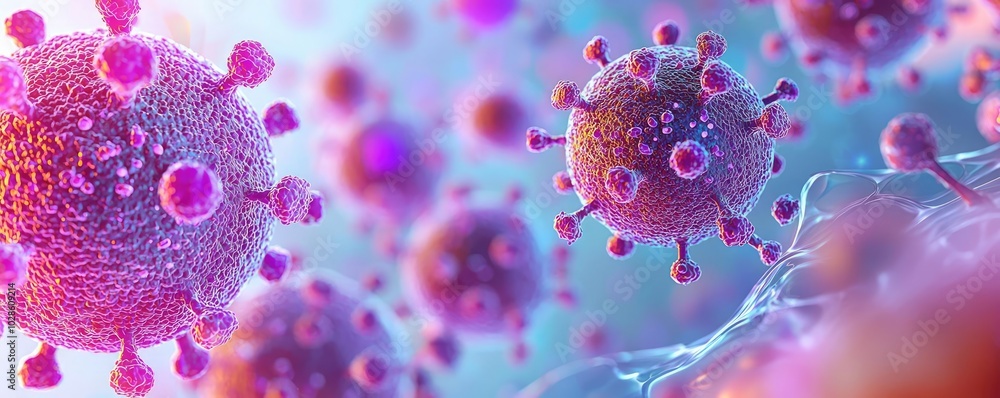 Close-up view of colorful virus particles on a soft-focus background. Close-up view of colorful virus particles on a soft-focus background.