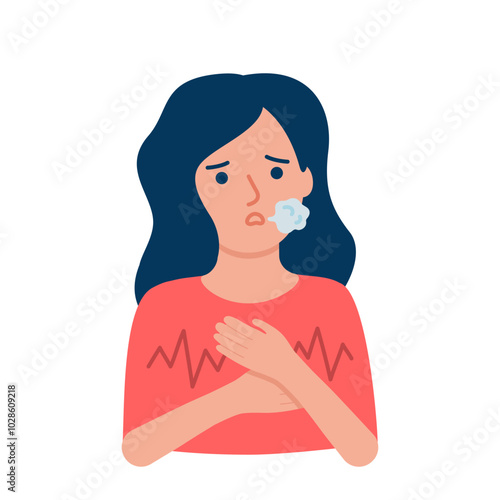 Young sad woman with panic attack, stress, shock. Taking care of psychological health in case of anxiety, disorder, fear, other mental problems. Breathing. Girl character illustration