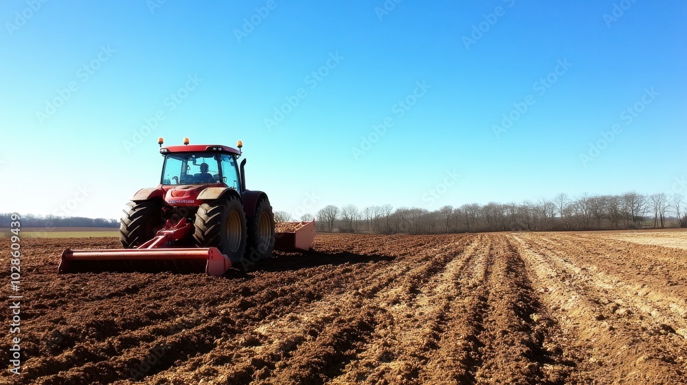 A red tractor with a bucket works the land, raking dirt and preparing it for crop planting, under a clear blue sky. A red tractor with a bucket works the land, raking dirt and preparing it for crop planting, under a clear blue sky.