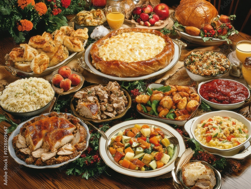 A sumptuous feast showcasing a variety of delicious dishes arranged on a festive table, perfect for celebrations and gatherings. A sumptuous feast showcasing a variety of delicious dishes arranged on a festive table, perfect for celebrations and gatherings.