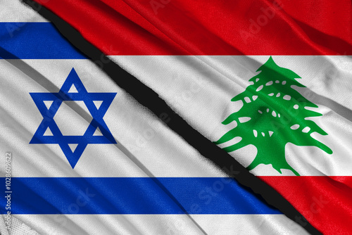 ISRAEL flag illustration combines LEBANON flag, satin texture waving decoration background. 3d illustrations