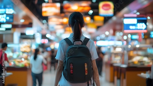 Wallpaper Mural Flight attendant in a casual, smart uniform, pulling a rolling backpack through a busy airport food court, colorful restaurant signage in the background, bright overhead LED lights, mood of relaxed Torontodigital.ca