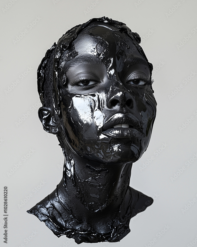 Bold Model Portrait with Glossy Circular Embellishments on a Silver Liquid Texture. Bold Model Portrait with Glossy Circular Embellishments on a Silver Liquid Texture.