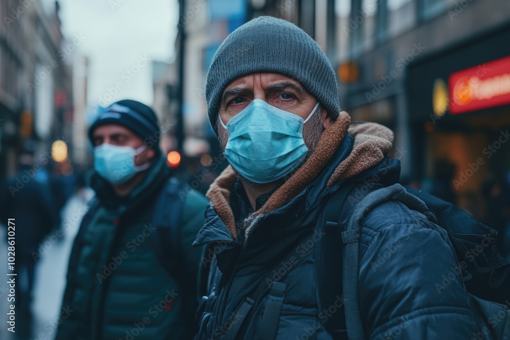 A group of men walking on the street, all wearing medical masks. This image captures a common scene of people protecting themselves in a city environment during a health crisis A group of men walking on the street, all wearing medical masks. This image captures a common scene of people protecting themselves in a city environment during a health crisis