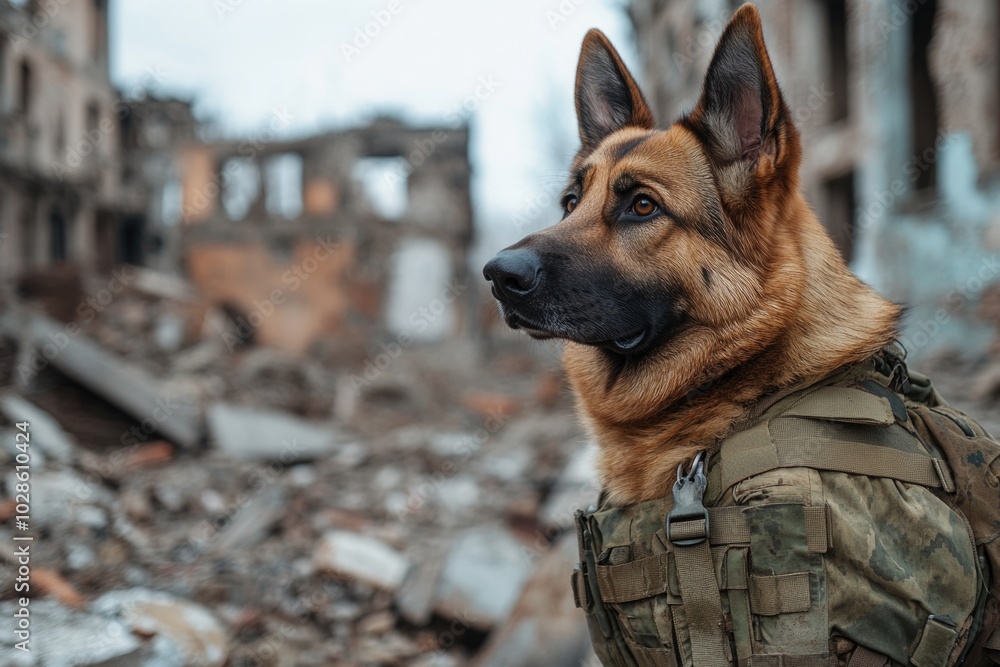 A military working dog, a German shepherd in full uniform and body armor, conducting a rescue mission in ruins. The scene shows the dog searching for survivors after an earthquake or war A military working dog, a German shepherd in full uniform and body armor, conducting a rescue mission in ruins. The scene shows the dog searching for survivors after an earthquake or war