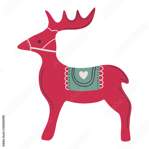 Deer. Traditional Scandinavian Christmas symbol. Ethnic folk art, ceramic or wooden animal figure with decorative ornament. Hand drawn minimalistic vector illustration.
