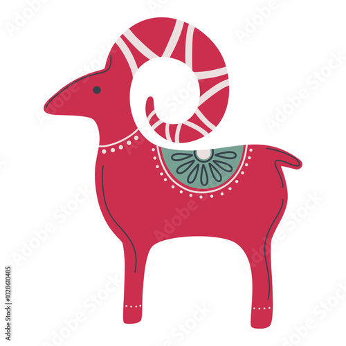 Yule goat, in Swedish julbock.  Traditional Scandinavian Christmas symbol. Ethnic folk art, ceramic or wooden animal figure with decorative ornament. Hand drawn minimalistic vector illustration.
