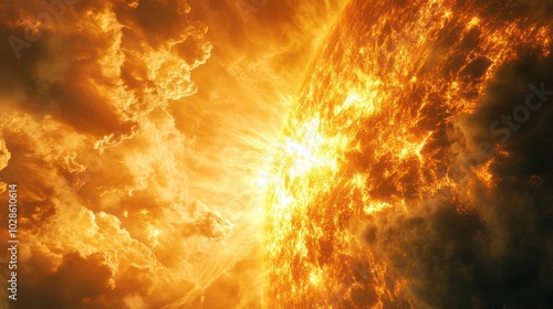 A Close-Up View of the Sun's Surface with Surrounding Clouds