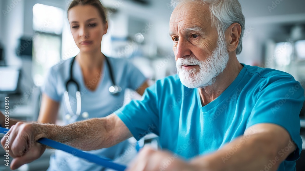 Elderly man undergoing rehabilitation exercises with physiotherapist support in clinical setting Elderly man undergoing rehabilitation exercises with physiotherapist support in clinical setting