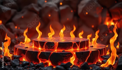 A molten podium engulfed in fire, symbolizing raw power and fierce energy