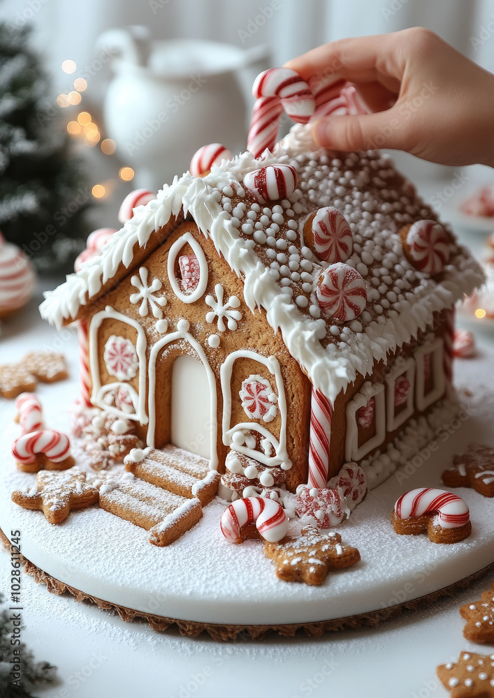 Child's hands making house from gingerbread, Christmas striped candy canes and icing on white kitchen background, tasty festive new year treat, celebration, preparation, christmas eve, cooking Child's hands making house from gingerbread, Christmas striped candy canes and icing on white kitchen background, tasty festive new year treat, celebration, preparation, christmas eve, cooking