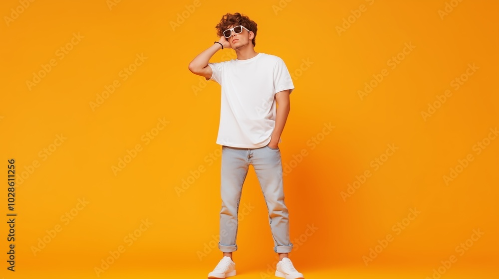 Fototapeta premium Young man in casual outfit poses confidently against vibrant orange background during a sunny day