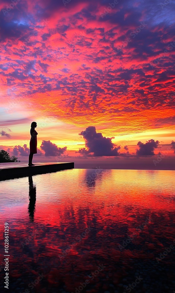 Silhouette of a woman watching a fiery sunset. Silhouette of a woman watching a fiery sunset.