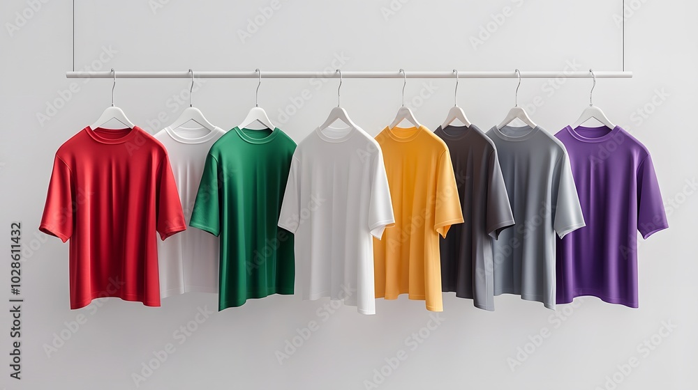 Obraz premium A neatly arranged display of t-shirt templates in various vibrant colors, each shirt hanging perfectly on invisible hooks, bright and crisp lighting enhancing the fabric texture, white background,