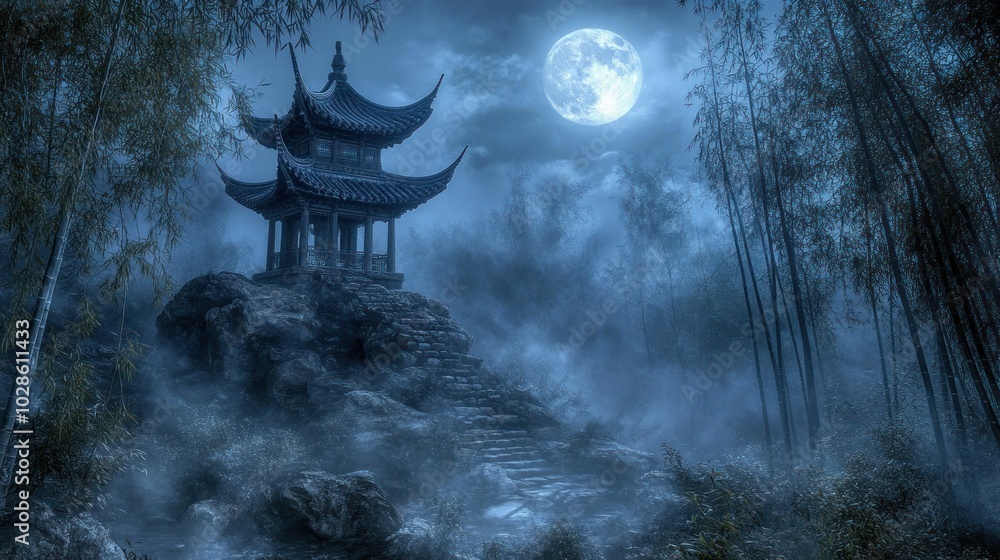 Obraz premium A traditional Chinese pagoda sits atop a rocky cliff, bathed in the ethereal glow of a full moon, with misty fog swirling through the surrounding bamboo forest.