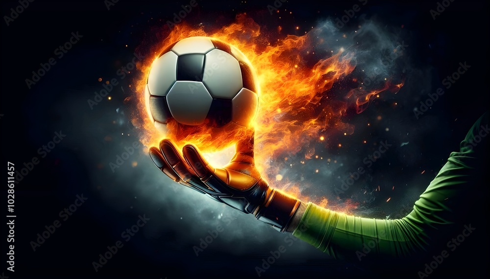 Naklejka premium digital painting of a soccer ball emitting fire in the hands of a goalkeeper, on a black background