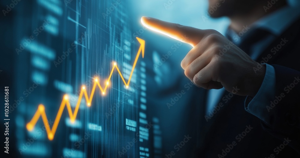 Businessman interacting with a glowing upward graph, illustrating a concept of business growth and strategic market development. Businessman interacting with a glowing upward graph, illustrating a concept of business growth and strategic market development.