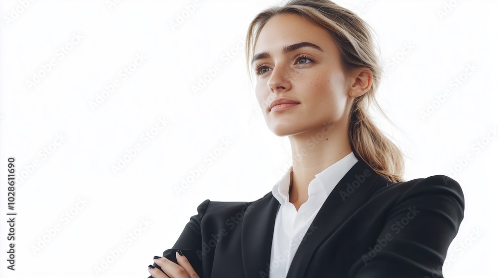 Confident young woman in a business suit poses thoughtfully in a bright office setting during daylight hours Confident young woman in a business suit poses thoughtfully in a bright office setting during daylight hours