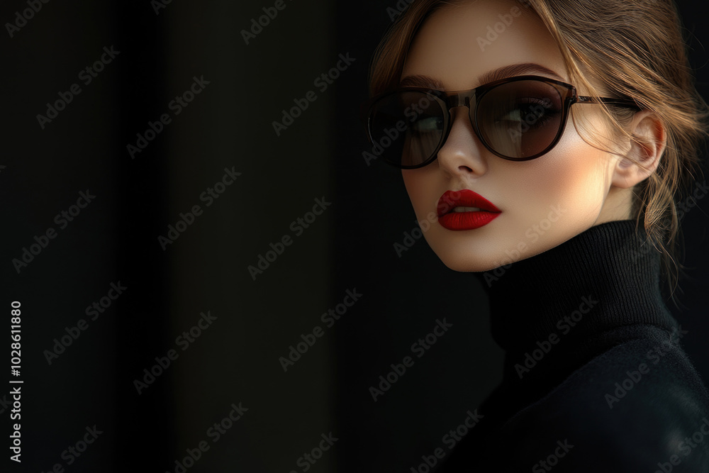 Elegant woman with red lipstick and sunglasses, framed against a black background, perfect for luxury fashion lifestyle designs. The image has ample space for text, making it ideal for banners Elegant woman with red lipstick and sunglasses, framed against a black background, perfect for luxury fashion lifestyle designs. The image has ample space for text, making it ideal for banners