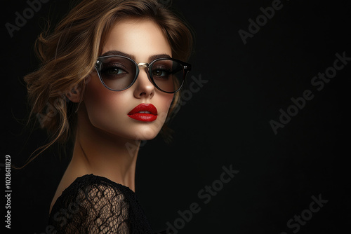 beautiful woman wearing bold red lipstick and dark sunglasses, isolated on a sleek black background. The minimalist style makes it ideal for luxury fashion banners and design templates