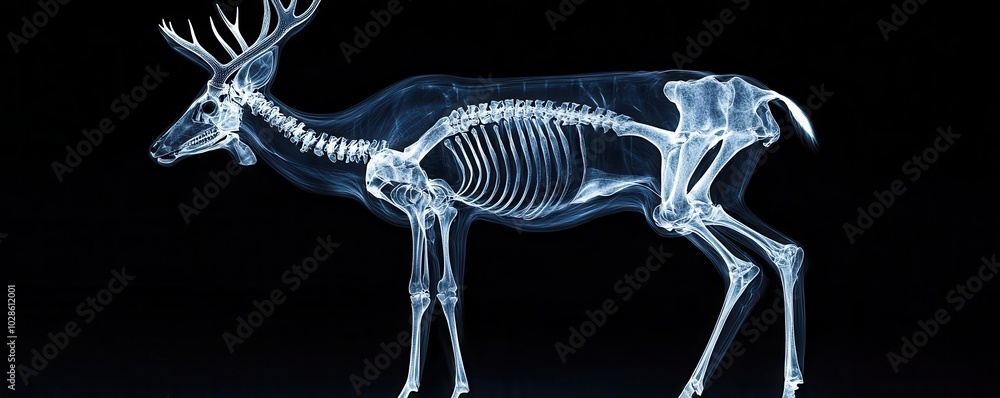 Detailed X-ray of a deer s glowing skeleton, showcasing antler structure and bone anatomy, deer X-ray, emphasizing skeletal details Detailed X-ray of a deer s glowing skeleton, showcasing antler structure and bone anatomy, deer X-ray, emphasizing skeletal details