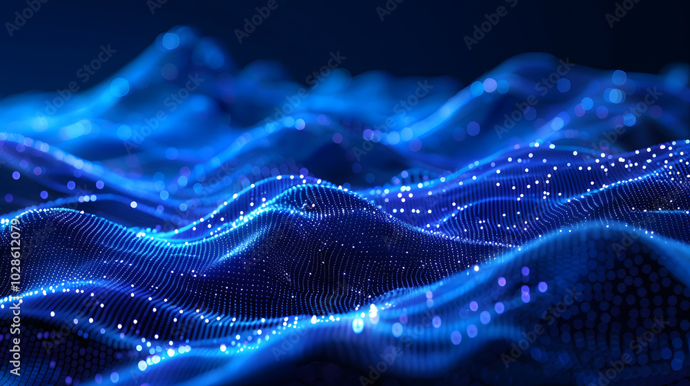 The image depicts a futuristic scene with digital elements like blue waves, glowing dots, and intricate light patterns, symbolizing advanced technology and data networks The image depicts a futuristic scene with digital elements like blue waves, glowing dots, and intricate light patterns, symbolizing advanced technology and data networks