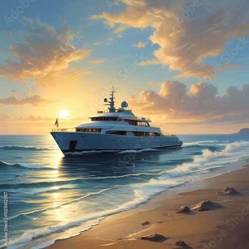 Modern yaht on open sea with sunrise behind.