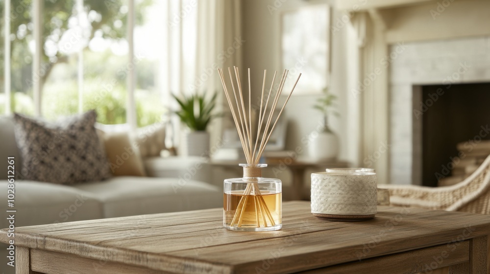 Aromatic reed diffuser sits on a rustic table, with comfortable furniture and ambient lighting adding warmth to the room Aromatic reed diffuser sits on a rustic table, with comfortable furniture and ambient lighting adding warmth to the room