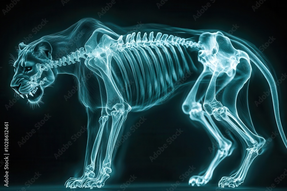 Detailed X-ray of a lion's glowing skeleton, showing powerful bone structure, lion X-ray, emphasizing predator anatomy Detailed X-ray of a lion's glowing skeleton, showing powerful bone structure, lion X-ray, emphasizing predator anatomy