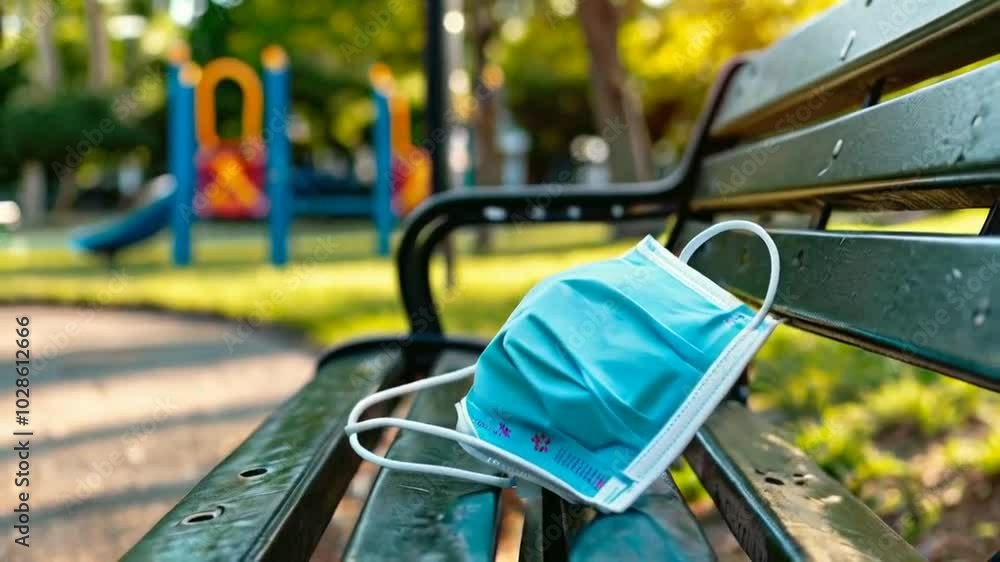 A discarded blue mask rests on a park bench, highlighting environmental concerns. A discarded blue mask rests on a park bench, highlighting environmental concerns.