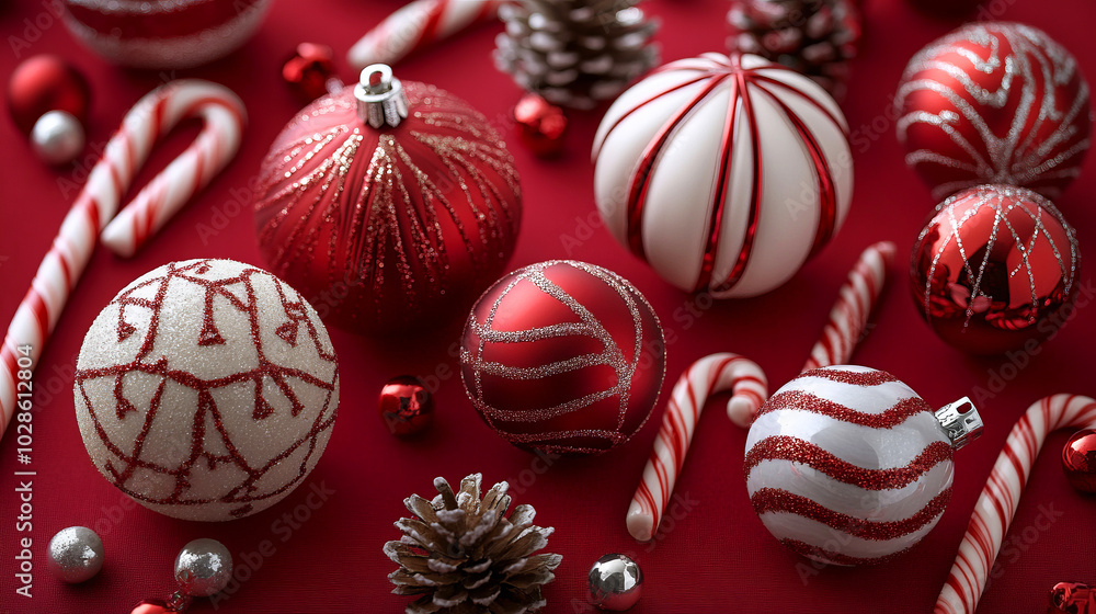 Artistic Display of Red and White Christmas Ornaments Artistic Display of Red and White Christmas Ornaments