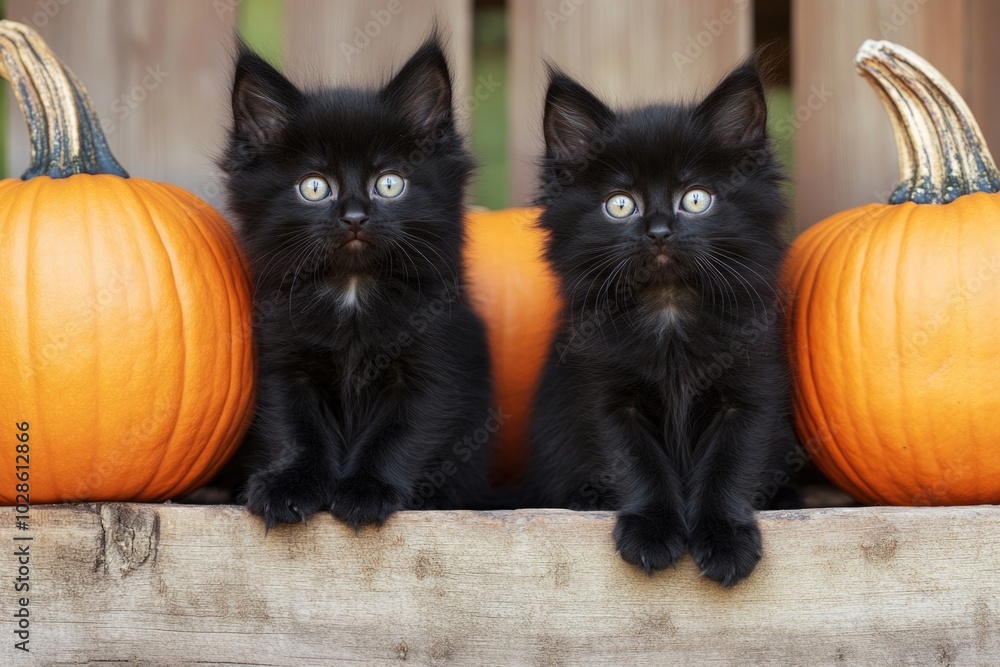 Two fluffy black kittens playing on a pumpkin, capturing the cute and spooky feel of Halloween. The dark setting enhances the mysterious atmosphere Two fluffy black kittens playing on a pumpkin, capturing the cute and spooky feel of Halloween. The dark setting enhances the mysterious atmosphere
