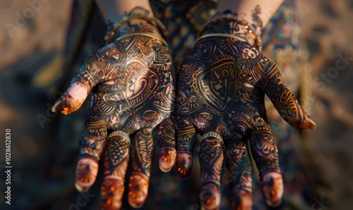 Intricate henna designs on hands and feet, 4K hyperrealistic photo.