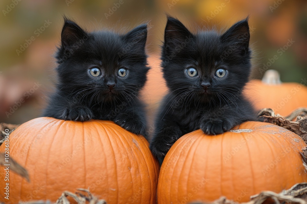 Two fluffy black kittens sitting on a pumpkin on a Halloween night. The scene perfectly captures the combination of cuteness and the eerie atmosphere of the holiday Two fluffy black kittens sitting on a pumpkin on a Halloween night. The scene perfectly captures the combination of cuteness and the eerie atmosphere of the holiday