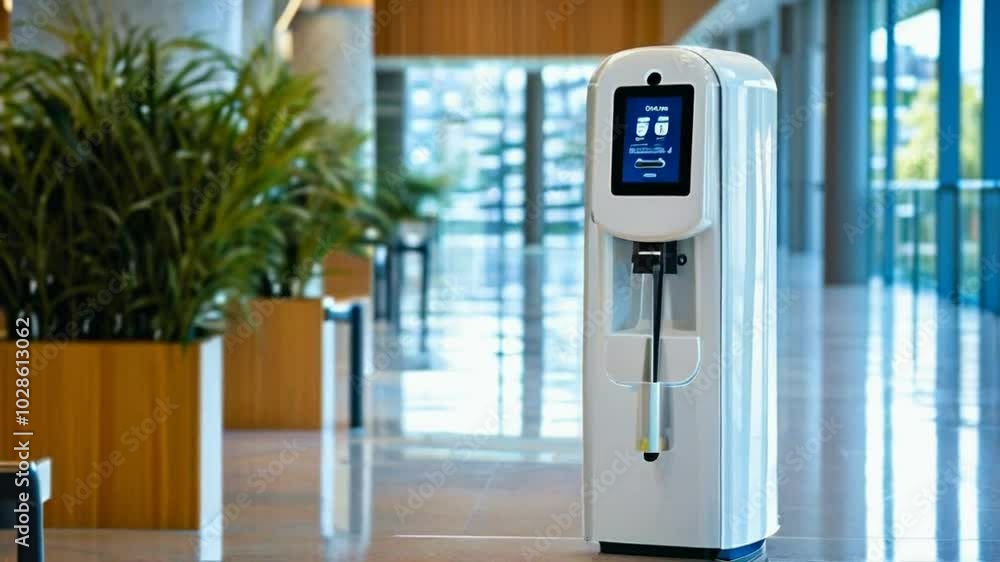 A modern water dispenser with a touchscreen interface in a contemporary indoor space. A modern water dispenser with a touchscreen interface in a contemporary indoor space.