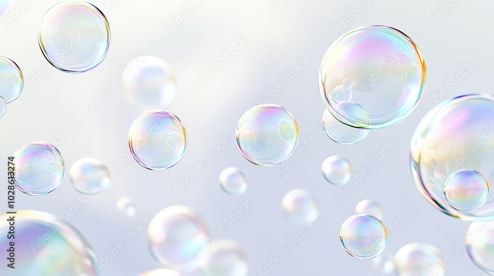 Shiny Soap Bubbles Floating in Bright Sunlight Against a White Background Shiny Soap Bubbles Floating in Bright Sunlight Against a White Background