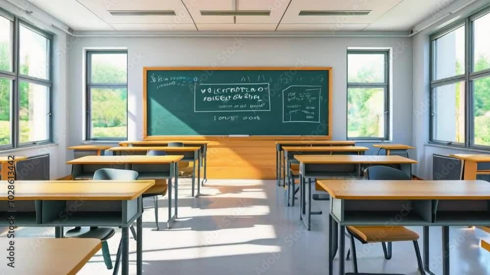 A bright classroom with desks, a chalkboard, and windows showing greenery outside. A bright classroom with desks, a chalkboard, and windows showing greenery outside.