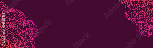 Burgundy flyer background with pink gradient indian mhendi motifs doodle lace corner. Template for invitations, events, banner, copy space