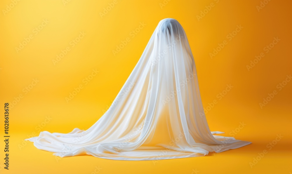 A creative concept of a ghost costume made from a white fabric sheet on a bright yellow background, designed for Halloween-themed projects and decor A creative concept of a ghost costume made from a white fabric sheet on a bright yellow background, designed for Halloween-themed projects and decor