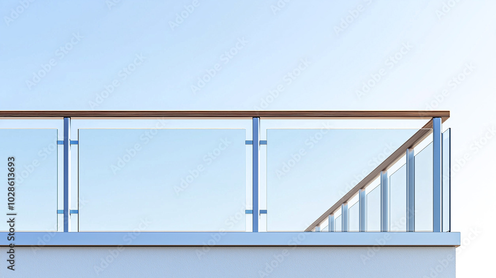 Sleek Steel Railing with Wooden Top Rail and Clear Glass Panels for Rooftop Terrace. Sleek Steel Railing with Wooden Top Rail and Clear Glass Panels for Rooftop Terrace.