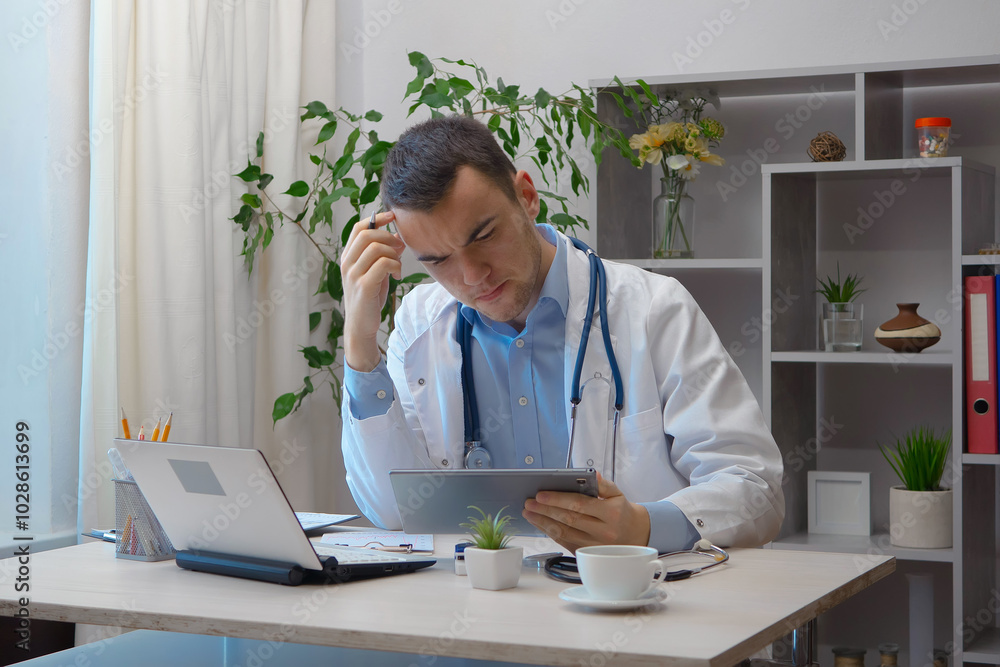 A young doctor, at his desk, receives patients. A young doctor, at his desk, receives patients.