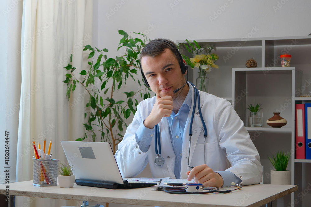 A young doctor receives patients at his workplace. A young doctor receives patients at his workplace.