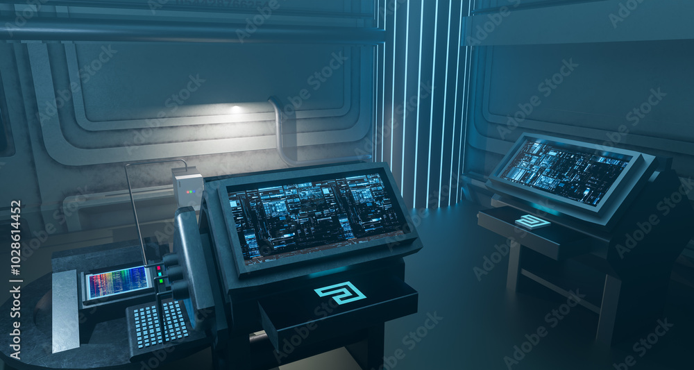 Futuristic control room with advanced computer workstations and blue LED lighting in high-tech environment for science fiction and modern technology concept Futuristic control room with advanced computer workstations and blue LED lighting in high-tech environment for science fiction and modern technology concept