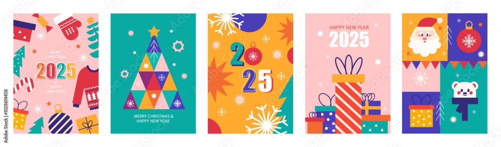 Naklejka premium Merry Christmas and Happy New Year poster, greeting card modern set. Colorful vector illustration in flat style. Banner, holiday covers template